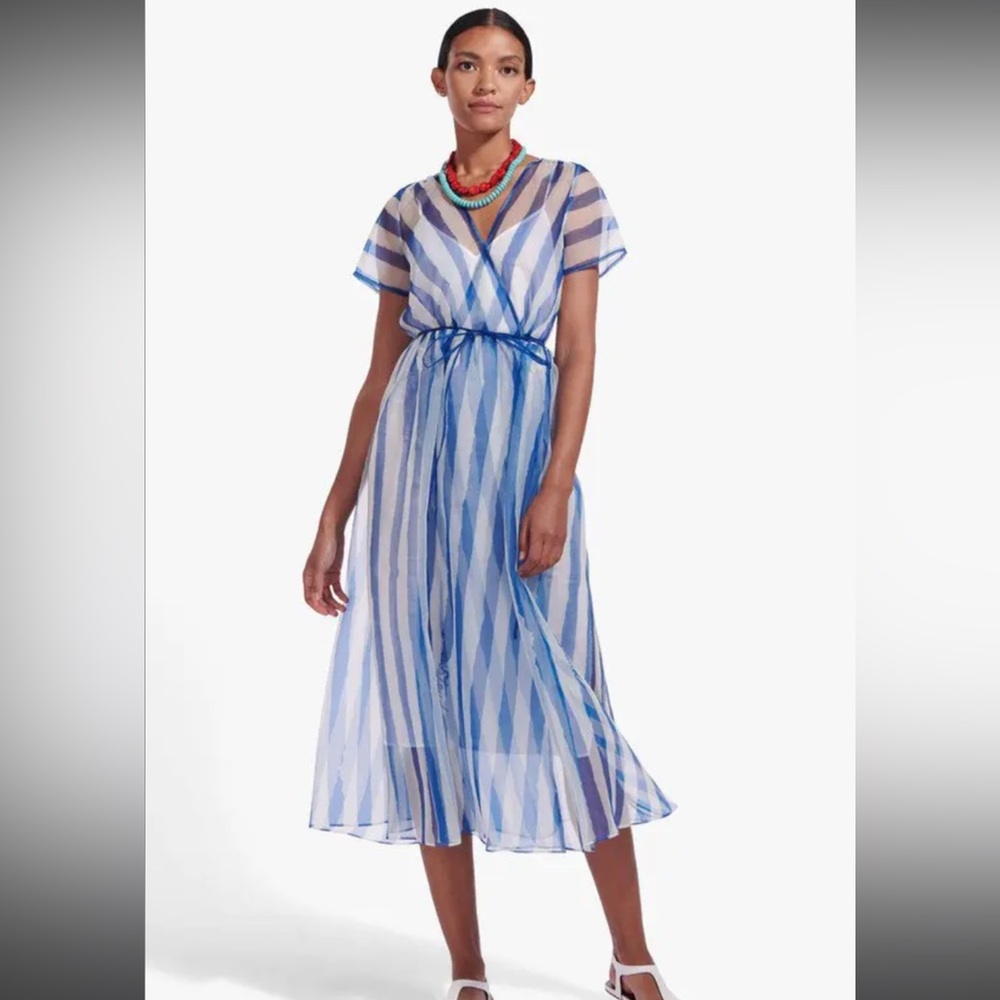 STAUD Filippa Sheer Blue and White Striped Midi Dress